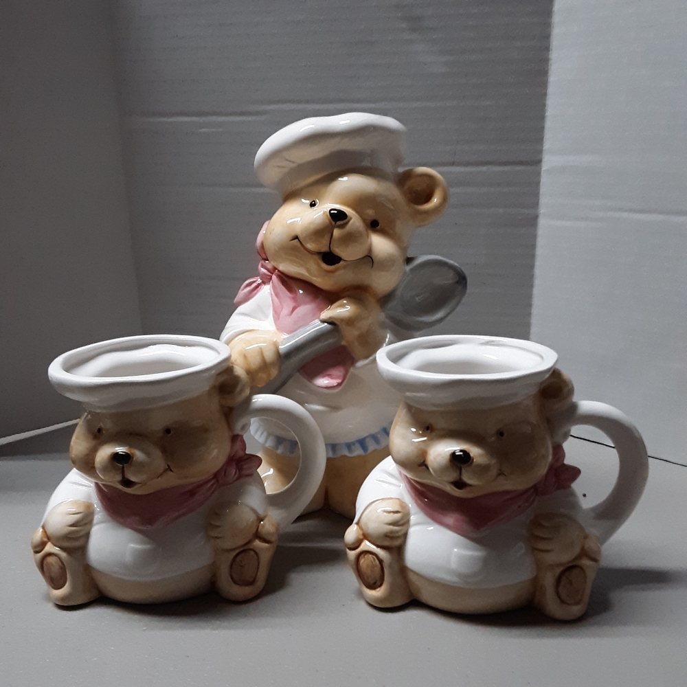 Vintage Teddy Bear Chef Ceramic Utensil Holder & Cups Mugs RARE Figure Figurine